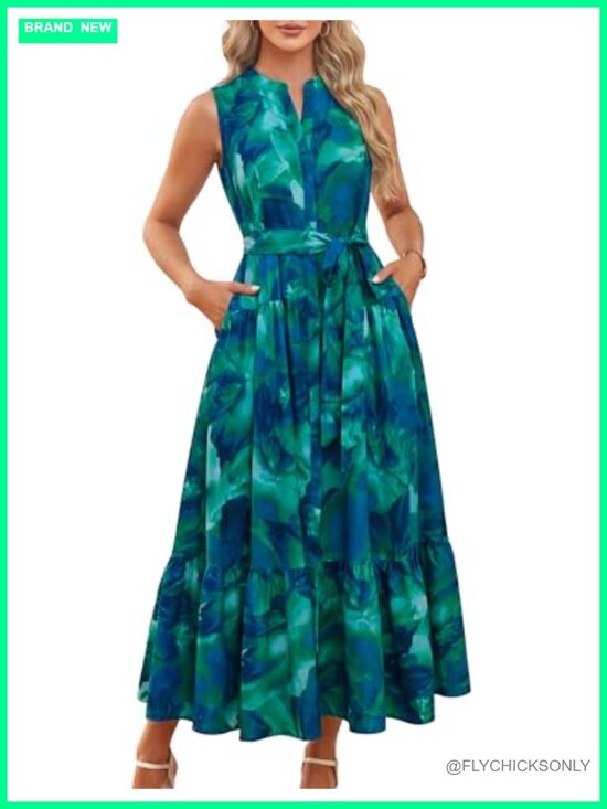 Dresses & Skirts - Sleeveless Floral Maxi Dress V-Neck Hidden Button Pockets Casual Vacation